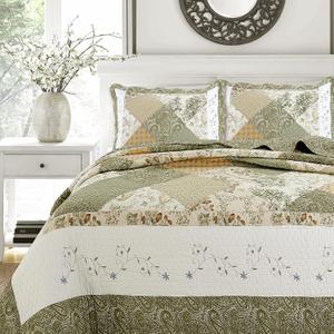 Cozy Line Home Fashions Floral Real Patchwork Green Beige Khaki Yellow Scalloped Edge Country 100% Cotton Quilt Bedding Set, Reversible Coverlet Bedspread (Laura, King - 3 Piece)