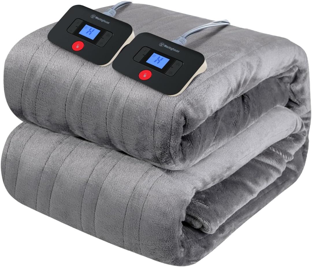Westinghouse Electric Blanket Queen Size, Super Cozy Soft Flannel 84"" x 90"" Heated Blanket with 10 Fast Heating Levels & 1-12 Auto-Off, Machine Washable, ETL&FCC Certification, Light Grey