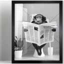Biufo Bathroom Wall Decor, Monkey on Toilet Framed Wall Art, Animal Canvas Print Poster, Restroom Bathroom Decoration (8"x10") (Grey J)