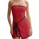 Wenrine Womens Sexy Tube Top Dress Strapless Self Tie Wrap Asymmetrical Hem Knit Summer Party Mini Dresses Red L