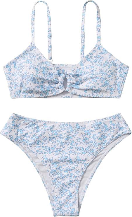 COZYEASE Girls' 2 Piece Ditsy Floral Print Knot Front Ruched Triangle Bikini Swimsuit 11Y