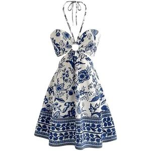 RoseSeek Women's Floral Halter Flowy A Line Dress Cut Out Smocked High Waisted Short Vacation Dress Sundresses Blue and White, Medium