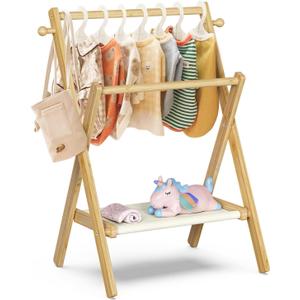 Baby Clothing Rack with Storage Shelf & Double Rods, Mini Closet Rack for Baby Shower & Dolls (Natural)