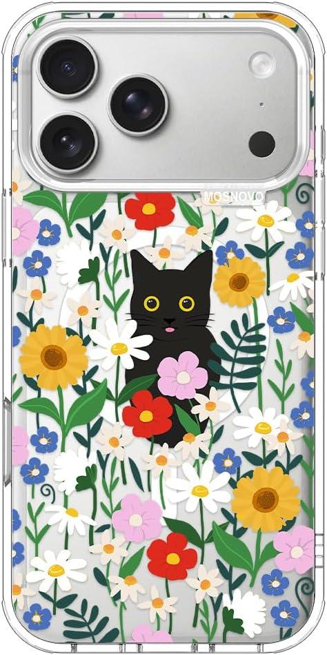 MOSNOVO for iPhone 17 Pro Max Case | Compatible with Magsafe | Military Grade 6.6ft Drop Tested | Camera Control | Clear with Black Cat in Garden Design