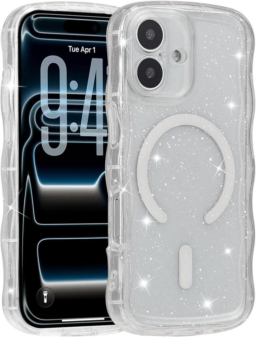 Curly Wave Glitter Magnetic Phone Case for iPhone 16 Plus,Cute Wavy Design Shiny Sparkle Shimmer Protective Phone Cover for Women Girl,Compatible with MagSafe,Glitter/Clear