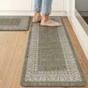 LEEVAN Green Kitchen Mats for Floor Sets of 2,Anti Fatigue Cushioned Memory Foam Kitchen Mat,Farmhouse Ergonomic Boho Non Slip Kitchen Floor Mat for Sink,Laundry,Home,Office,Desk(17''x29''+17''x47'')