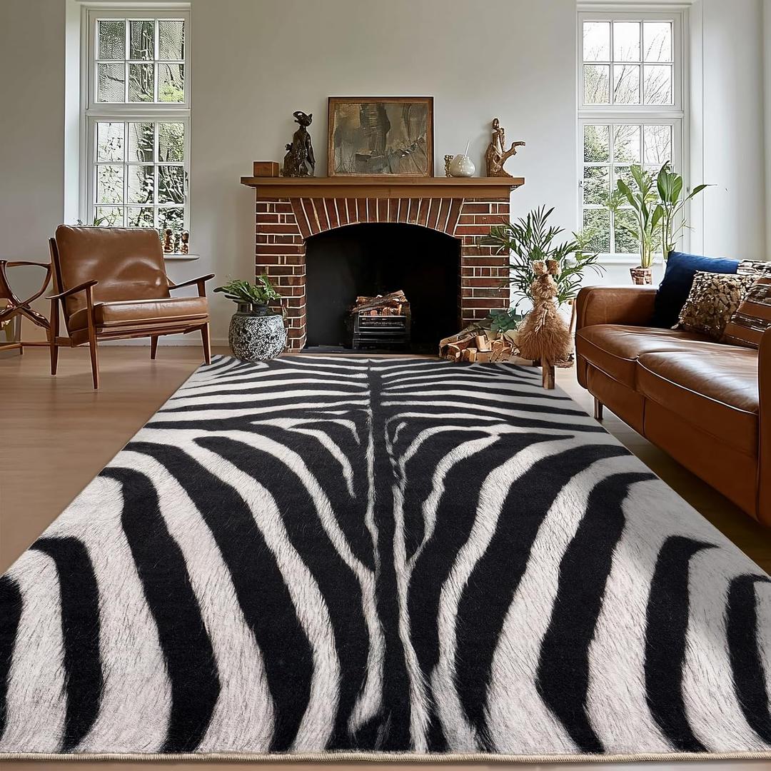 Zebra Rug Area Rugs for Living Room, 8x10 Large Animal Print Rug Machine Washable for Bedroom Dining Room Western Home Decor Non-Slip Low Pile Indoor Floor Carpet