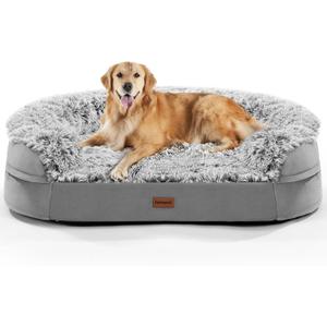 iweepet 3.7 inch Thickened Orthopedic Dog Beds for Extra Large Dogs, Fluffy Supportive Dog Sofa Bed with 28D Egg-Crate Foam, Removable Washable Cover, Waterproof Lining, Cozy Oval Design,Grey
