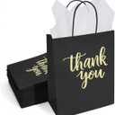 DjinnGlory 50 Pack Medium Sized Black Thank You Paper Bags with Handles 10x8x4 Inches and White Tissue Paper for Small Busines Wedding Baby Shower Graduation Party Favors Treats Goodies