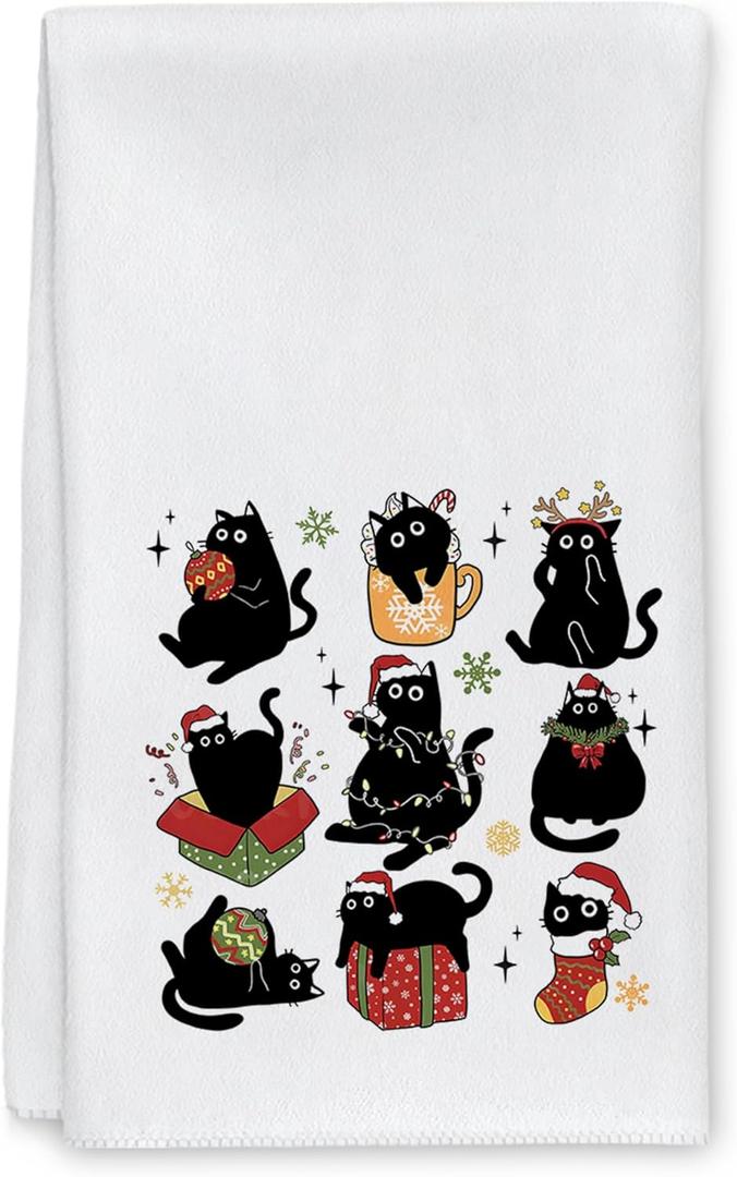 Cat Christmas Decor  Black Cat Christmas Towels for Bathroom Kitchen