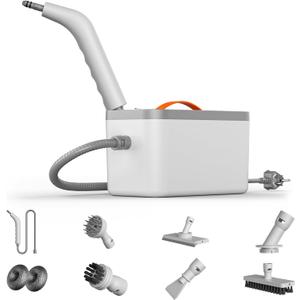 Handheld Steam Cleaner with 6 Brush Heads, 110V - Multiuse Powerful Steamer for Cleaning for Tough Stains and Grime on Upholstery, Sofa, Kitchen, Bathroom - Compact - White