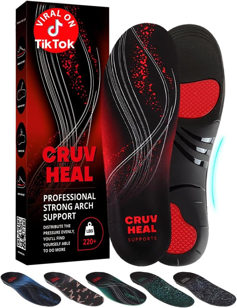 CRUVHEAL 220+ lbs Plantar Fasciitis High Arch Support Insoles Men Women - Orthotic Shoe Inserts - Boot Work Shoe Insole (S, Black)