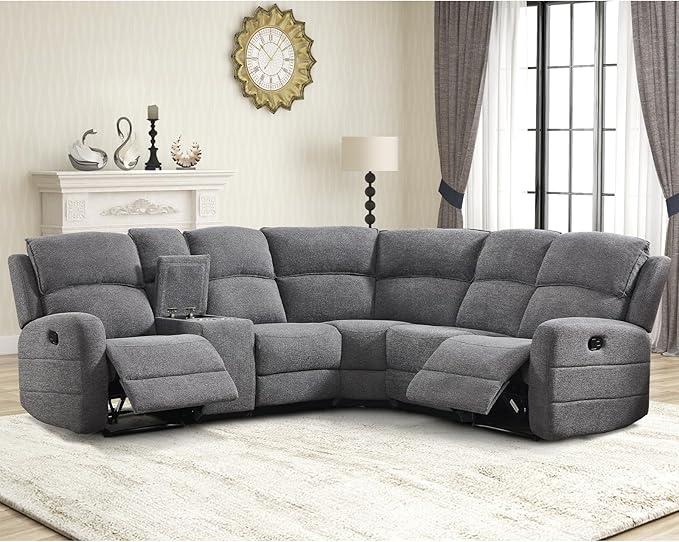 Fabric L-Shaped Reclining Sectional Sofa Couch for Living Room, Manual Recliner Oversized Sofa, with Padded Headrest, 2 Cup Holders, Storage Space, 5-Seater Home Furniture Set, Grey 54"L x 38"D x 40.5"H