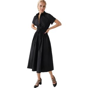 Ladyful Women Casual Button Down Short Sleeve Shirt Dress Tie Waist Midi Shirt Dress Elegant Business Party, Small