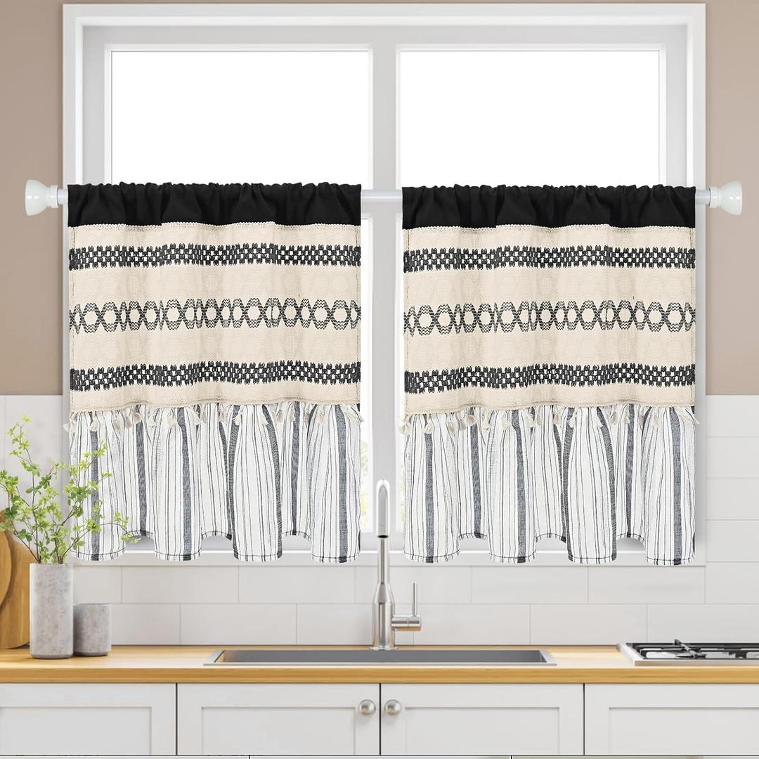 FRAMICS Farmhouse Linen Kitchen Curtains 24 Inch Length Black Striped Short Curtain for Windows Boho Crochet Small Window Curtains for Kitchen Rod Pocket Tier Curtain for Bathroom, Cafe, 2 Panels