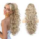 SEIKEA Ponytail Extension, 24" Fluffy Long Wavy Curly Claw Clip Hair Extensions Ponytail Multi-layered Clip in Fake Pony Tails Natural Soft Synthetic Hairpiece Ash Blonde with Highlights