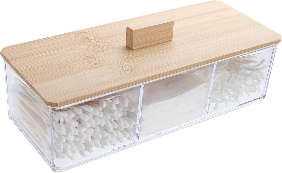 Wood Qtip Holder 3 Compartments Cotton Ball and Swab Holder Organizer with Lid,Jar for Cotton Rounds,Bathroom Containers,Clear Acrylic Desk Organizer for Makeup Pads,Cosmetics Bedroom