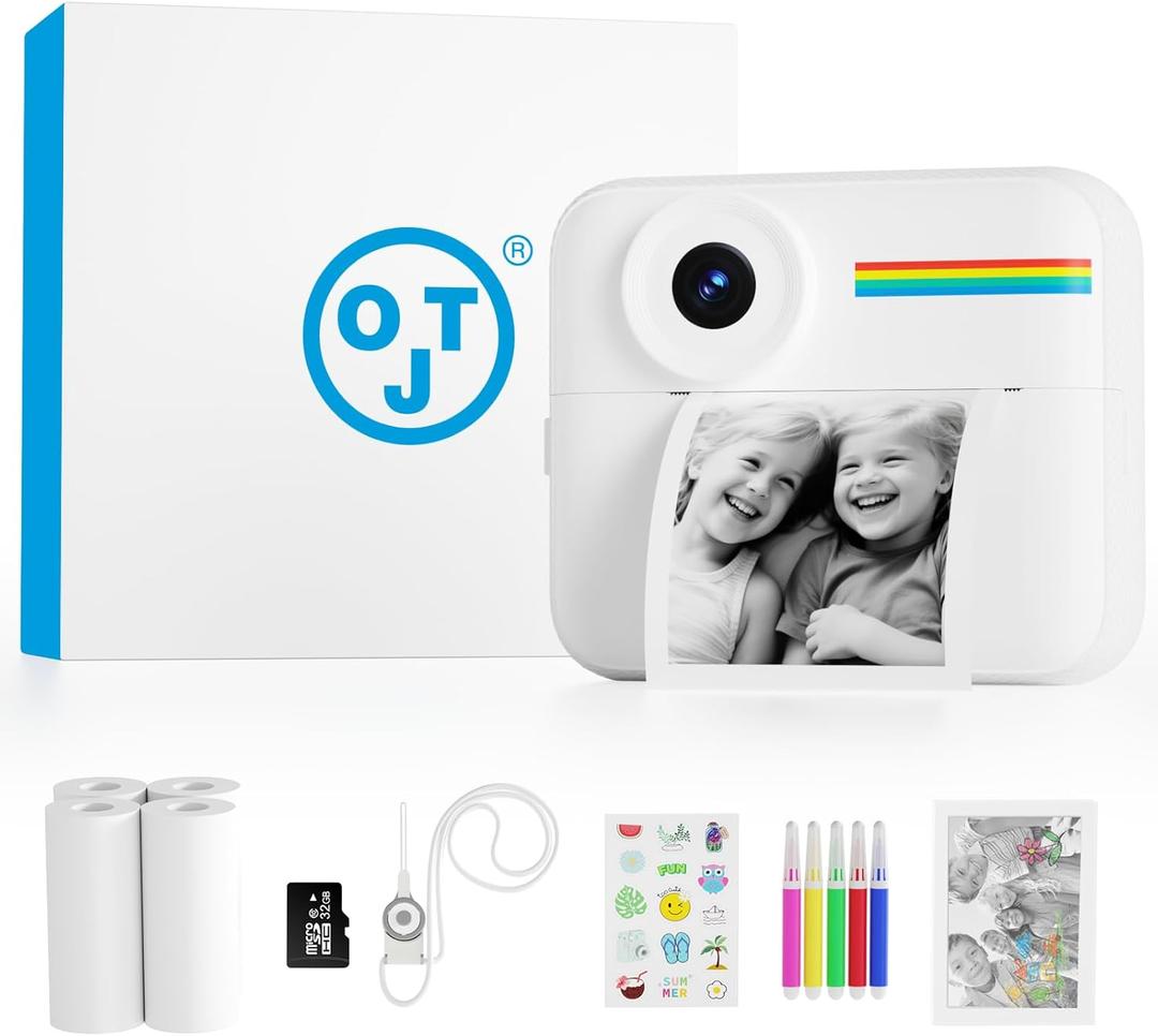 OTJ Camera Instant Print - 1080P Instant Cameras That Print Photos with 32GB Card - Durable Digital Printable Camera Birthday Gift (White)