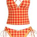 ZAFUL Women's Tankini Set V Neck Tummy Control Floral Printed Tie Side Thong Bikini Swimsuits 2 Piece Bathing Suits Large