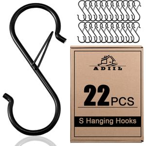ADIIL 22 Pcs S Hooks for Hanging with Safety Buckle, Heavy Duty Metal S Shaped Closet Hooks for Hanging Plants, Kitchen Utensils, Jeans, Bags, Pots, 3.75 Inch, Black