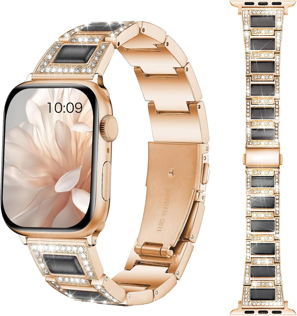Dressy Rose Gold iWatch Bands for Women - Compatible with Apple Watch Series 10-1/SE/Ultra, Fits 38mm 40mm 41mm 42mm 44mm 46mm - Luxury Designer Bracelet, Bling Jewelry Strap