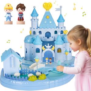 Dream Princess Play Set, 12.2*8.6*8.8 inches with 2 Magnetic Control Movable Toys, Magnetic Doll House Building Toys with Light Music, Toy Gift for Girls Kids Ages 6+Blue
