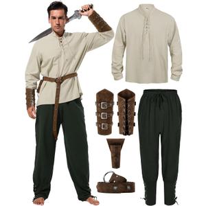 Renaissance Costume Men, Medieval Costume Men Renaissance Outfit Viking Shirt Pants Halloween Belt Accessories (Medium, Beige, Green)