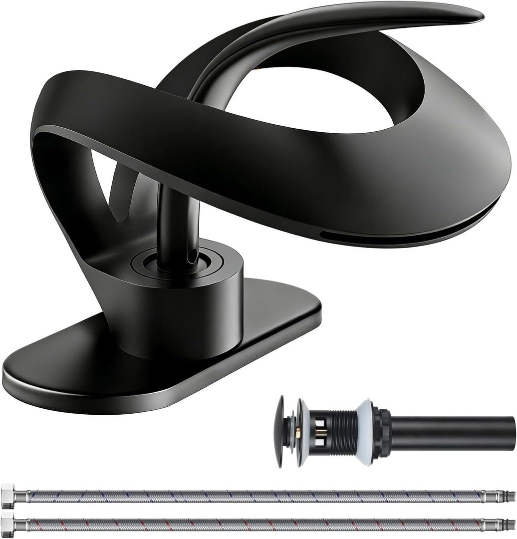 Elegant Bathroom Sink Faucet Single Hole,AUU Waterfall Matte Black Vanity Sink Faucet Solid Brass,Single Handle Basin Tap with Pop Up Drian Deck Plate Supply Line (Black, Short)