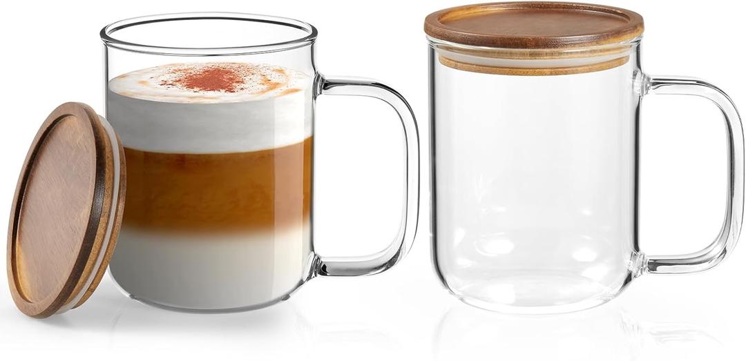 DRASTAR Glass Coffee Cups, 12 oz Clear Coffee Mugs, Flat Bottomed Cups with Acacia Wood Lid, Glass Tea Cup with Handle, Espresso Cappuccino Tea Cup Set of 2