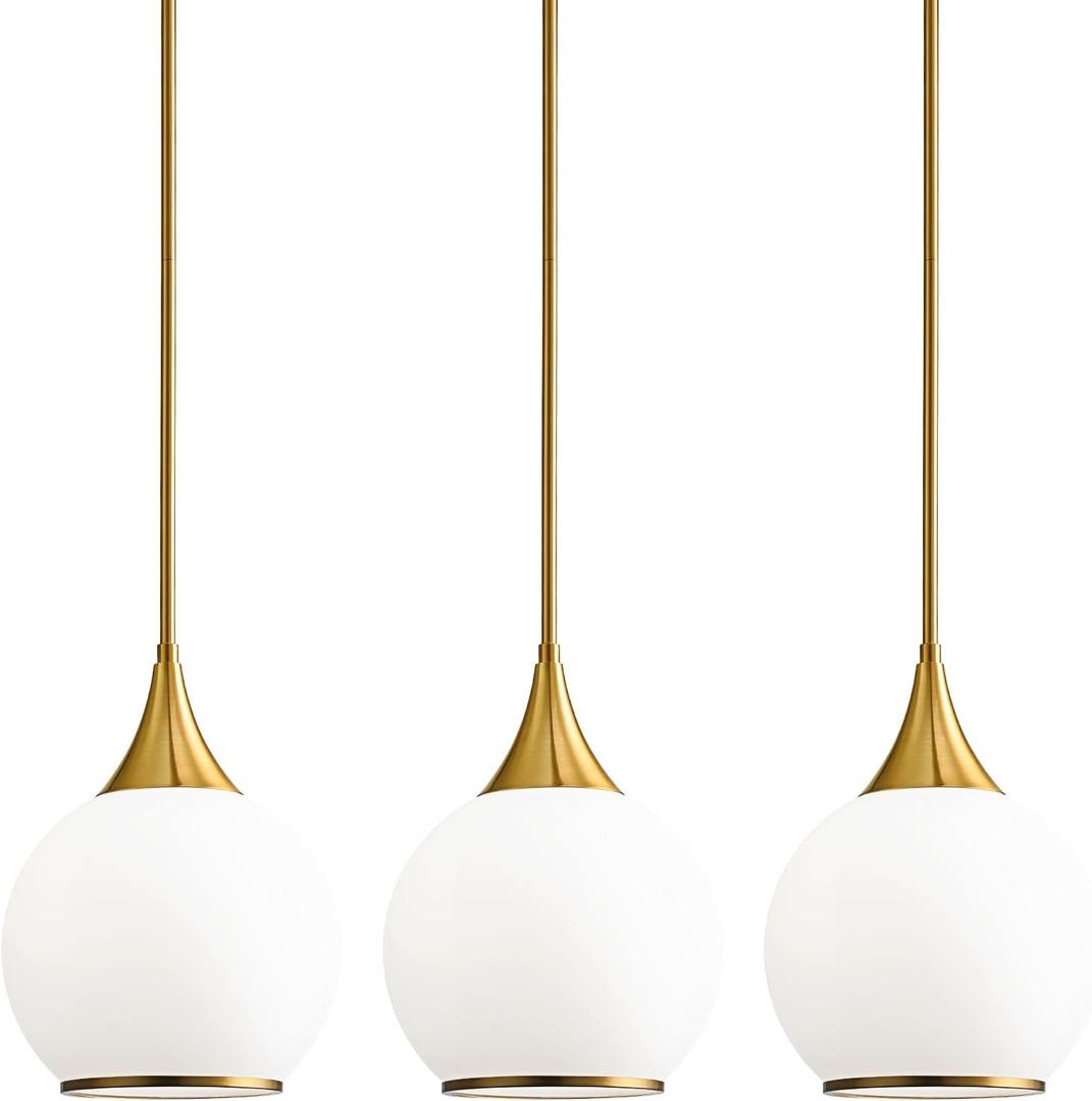 Pendant Lights Kitchen Island: 3 Pack Gold Light Fixture Modern with Frosted Glass - 10 Inch Mid Century Globe Kitchen Lighting Fixtures Ceiling for Foyer Bedroom (Gold & Milky White)