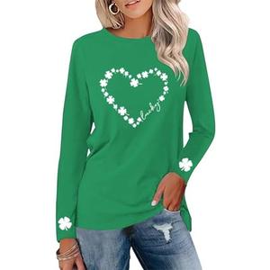 Saint Patricks Day Shirt Women Long Sleeve Green St Patricks Day Shamrock Shirt Irish Lucky Clover Heart Graphic Tee Top, M