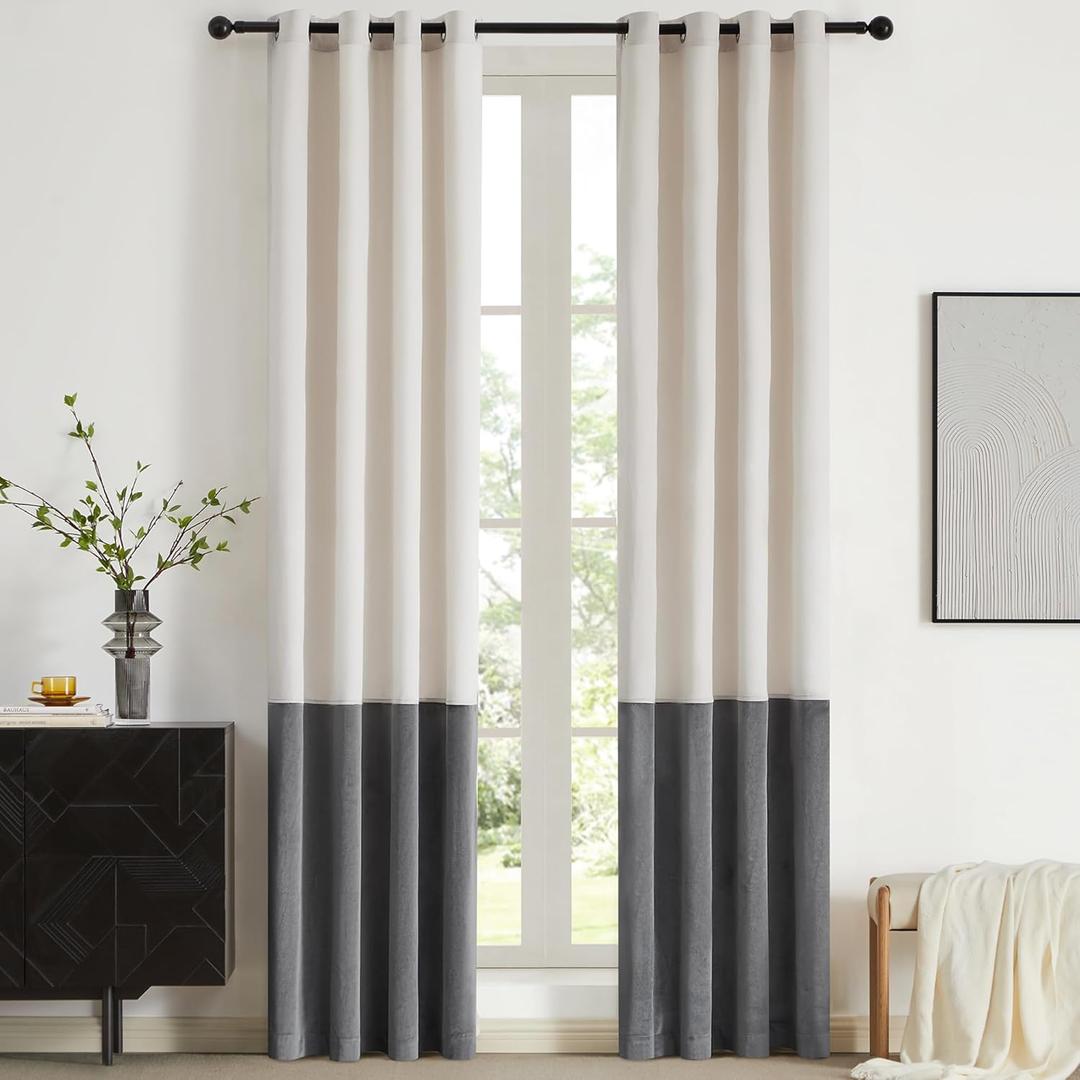 Color Block Velvet Curtains 96 inch Long Cream Ivory Gray Luxury Modern Living Room Curtain Privacy Light Blocking Thermal Insulated Soundproof Room Darkening Energy Saving Drapes for Bedroom 2 Panels