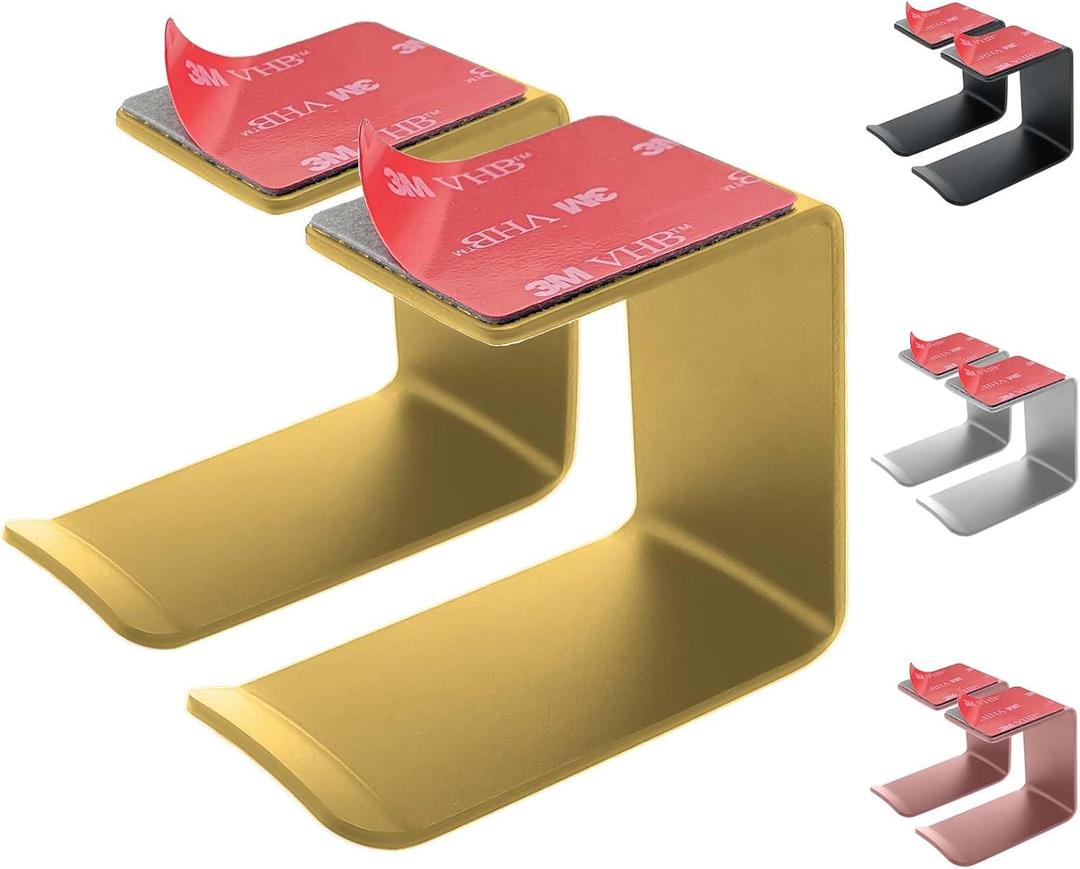 Aluminum Under-Desk Headphone Hook 2 Pack, with Strong Adhesive VHB Tape, Holds 5 lbs (Gold)