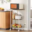 Microwave Cart with Storage, 3-Tier Rolling Kitchen Stand with Basket, Wood and Metal Utility Cart on Wheels, Coffee Bar Station, Small Bakers Rack As Kitchen Island, Microwave Shelf Organizer, White