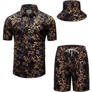 Mens Luxury Outfit Set Black Gold Shirts And Shorts 2 Piece Tracksuit Set Baroque Button Down Suit with Bucket Hats (Medium)