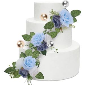 Flower Wedding Toppers for Cakes - 23 Pcs Rustic Blue Flowers Toppers with Pearls for Bridal Shower Engagement Cake Decor, Flowers for Anniversary Birthday Cake Decorating