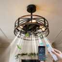 20" Caged Ceiling Fan with Light and Remote App Control, Rustic Round Downrod Mount Ceiling Fandelier Lights, 6 Speed and Reversible, Farmhouse Industrial Style for Bedroom, Kitchen