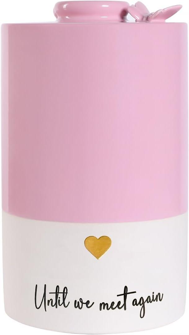 LastingTails Pink Urns for Female Handmade Ceramic Cremation Urn for Human Ashes Adult, 220 cu in (Up to 220 lbs) Until to Meet You