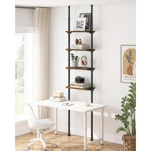 ALLZONE Adjustable Tall Narrow Bookshelf, 4-Tier Floor-to-Ceiling Tension Mount Ladder Book Shelf with Storage for Versatile Uses, Fits 64-113 Inch Ceilings, 20.28-Inch Wide Wood Shelves, Rustic Brown