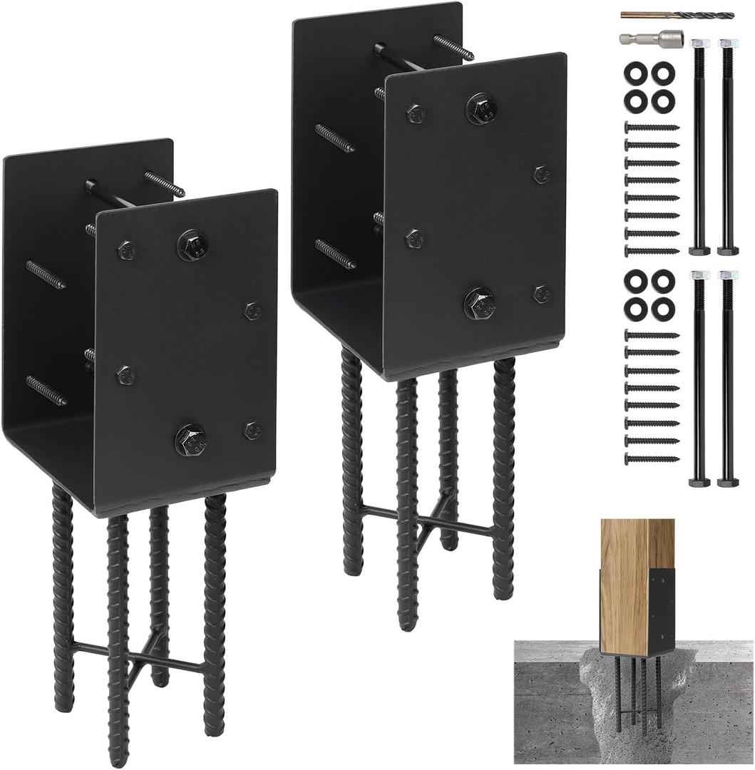 Heavy Duty U-Shape Metal Post Base Holder, 6''x6'' (Internal 5.5"x5.5"), Wet Concrete Foundation Post Holder for for Wood Fence, Railing, Pergola, Porch (Black - Set 2) Heavy Duty U-Shape Metal Post Base Holder, 6''x6'' (Internal 5.5"x5.5"), Wet Concrete Foundation Post Holder for for Wood Fence, Railing, Pergola, Porch (Black - Set 2)