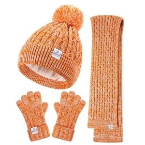 Kids Winter Hat Gloves Scarf Set, Girls Toddler Winter Hat Beanies with Pom Neck Warmer Gaiter Mittens Fleece Lined Set Christmas Gift for Kids (Orange Mix）