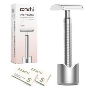 ZOMCHI Double Edge Safety Razor for Men & Women,[New Version 2.0 ] Metal Razor with 10 Double Edge Safety Razor Blades, Single Blade Razor with Stand  Noble Silver