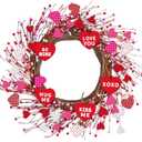 20'' Valentines Day Wreaths, Artificial Wreath for Front Door, Farmhouse Wood Heart Shaped Wreath with Berries, Valentines Decorations for Wedding Anniversary Indoor Outdoor - Red Pink White