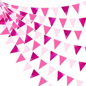 32Ft Metallic Hot Pink Triangle Flag Fabric Banner Pennant Bunting Garland Streamers for Wedding, Baby Shower, Birthday, Home, Nursery, Outdoor, Garden Party Decor