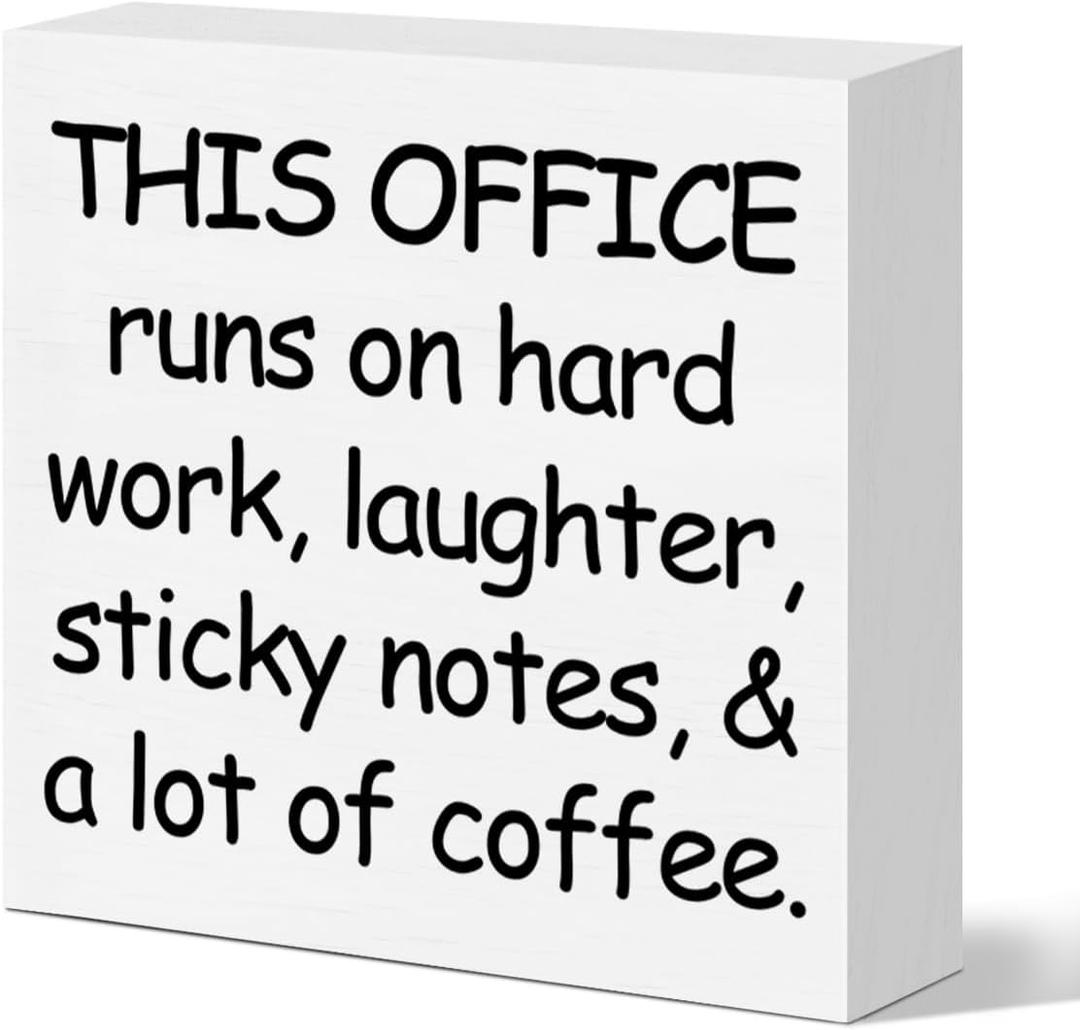 2 x Funny Office Desk Decor Sign for Work Women Men, Funny Coworker Colleague Boss Gift, This Office Runs on Hard Work Laughter, 5x5 inches