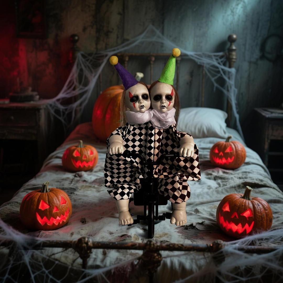 Halloween Decorations, Animatronic Scary Talking Clown with Motion, Biking Clown Decors, Touch and Sounds Activated, Indoor or Covered Outdoor Halloween Decorations, Haunted House Props