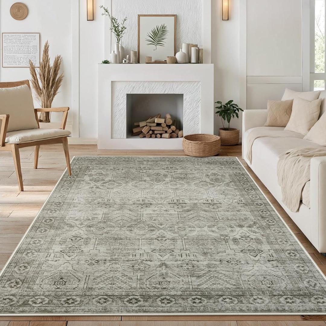Anidaroel Washable Rugs for Living Room 5x7: Vintage Distressed Print Moroccan Area Rugs, Non-Slip Soft Rugs for Bedroom, Stain Resistant Indoor Accent Carpet for Farmhouse Entryway, Beige