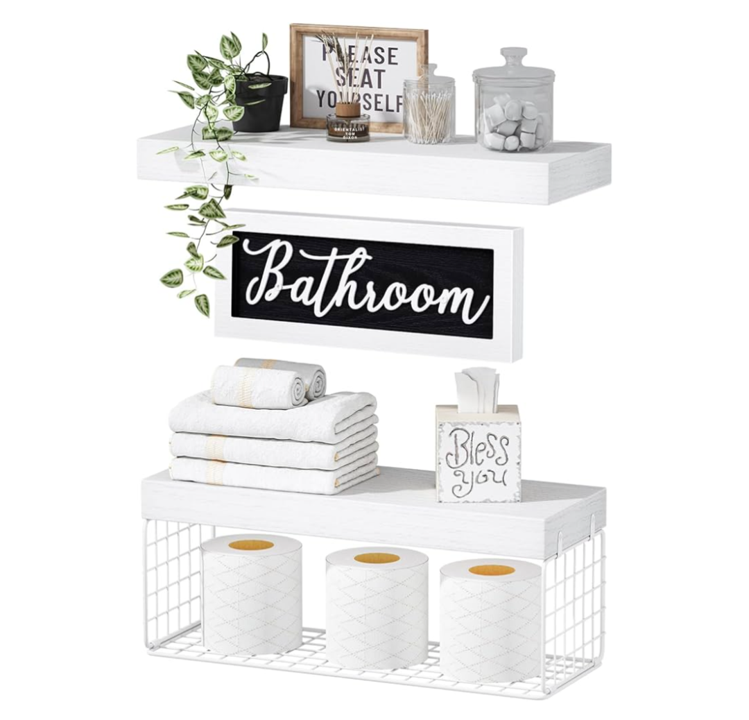 QEEIG ‎Bathroom Shelves Over Toilet - Paper Storage Wall Mounted Farmhouse Decor Decorations Aesthetic Décor Sign Small Floating Shelf 2+1 Set 16 inch, White (020WW)
