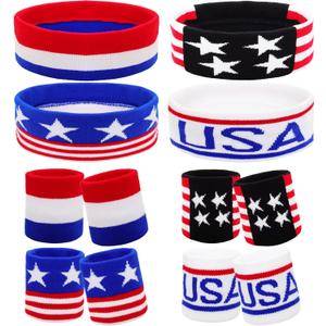 4 Sets American Flag Sports Headband and Wristband Striped Sweatband Headband and Wristband Set 4th of July Sports Sweatbands for Running, Basketball, Exercise