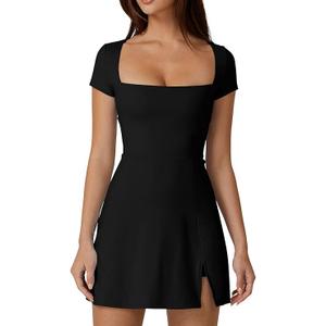 QINSEN Womens Square Neck Tennis Dress Short Sleeve Built in Shorts Golf Athletic Dress with Pockets (Medium, Black)